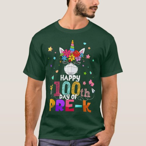 Happy 100th Day Of Pre K Unicorn Face Mask Teacher T_Shirt