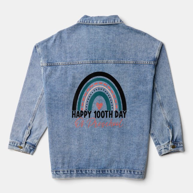 Happy 100th Day Of Preschool Teacher Rainbow 100 D Denim Jacket (Back)