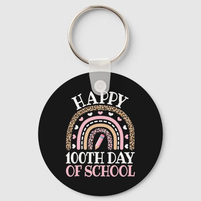 Happy 100th Day Of School 100 Days Leopard Rainbow Keychain (Front)