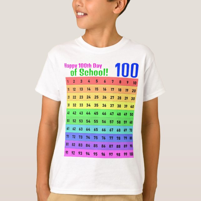 Happy 100th Day of School, Colorful Hundreds Chart T-Shirt (Front)