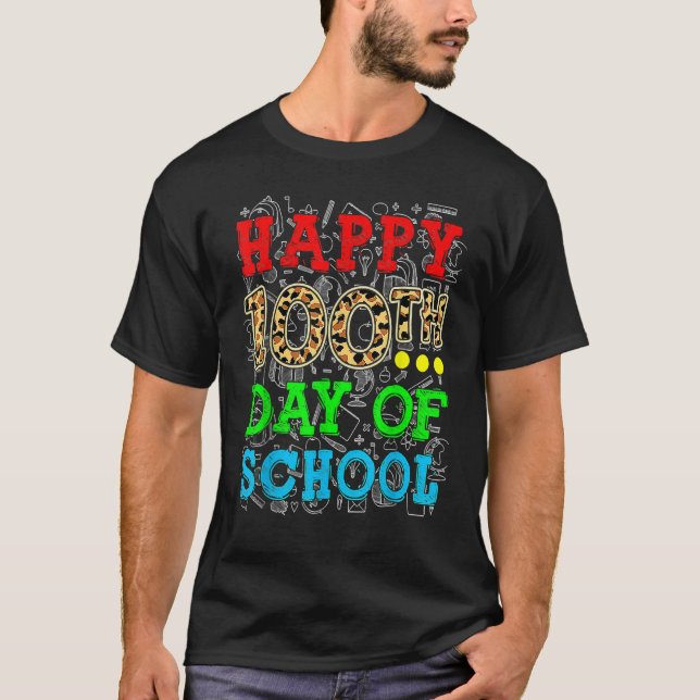 Happy 100th Day Of School Leopard Print Teacher St T-Shirt (Front)