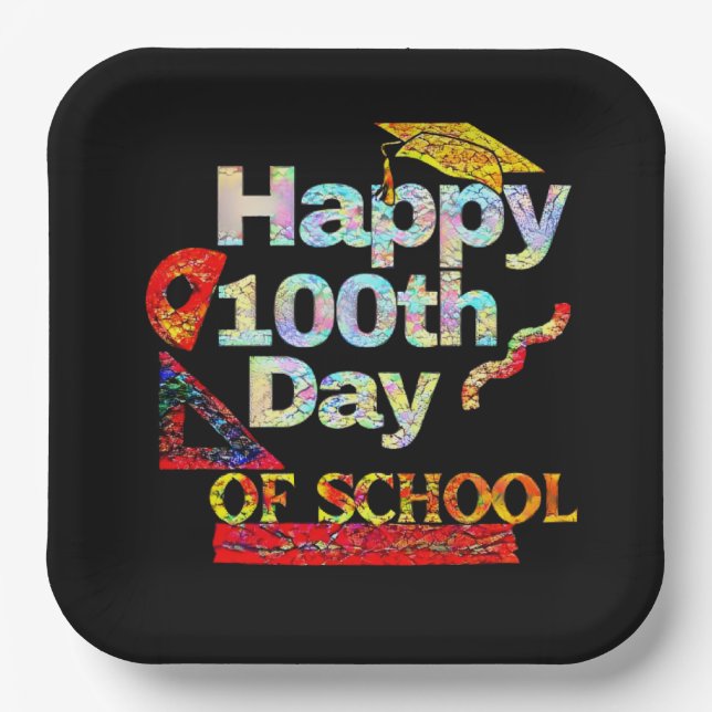 Happy 100th day of school retro style    paper plates (Front)