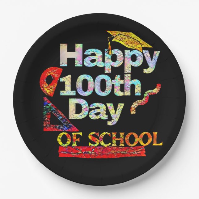 Happy 100th day of school retro style    paper plates (Front)