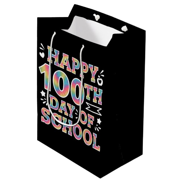 Happy 100th Day Of School Tie Dye Rainbow 100 Days Medium Gift Bag (Front Angled)