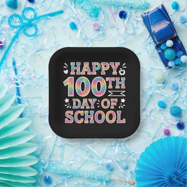 Happy 100th Day Of School Tie Dye Rainbow 100 Days Paper Plates (Party)