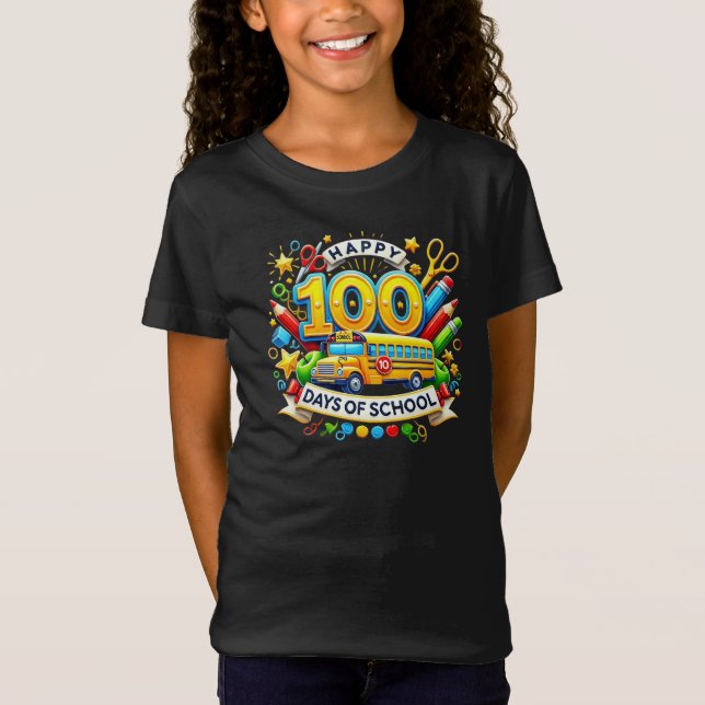 Happy 100th Day School Milestone Kids Teachers Bus T-Shirt (Front)