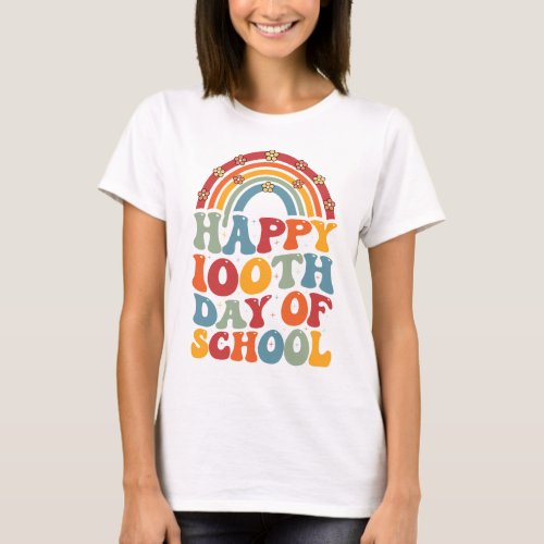 Happy 100th Days Of School Groovy Retro Rainbow T_Shirt