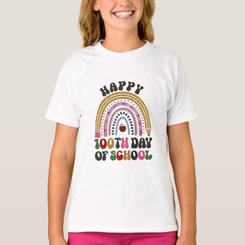 Happy 100th Days Of School Groovy Retro Rainbow  T_Shirt