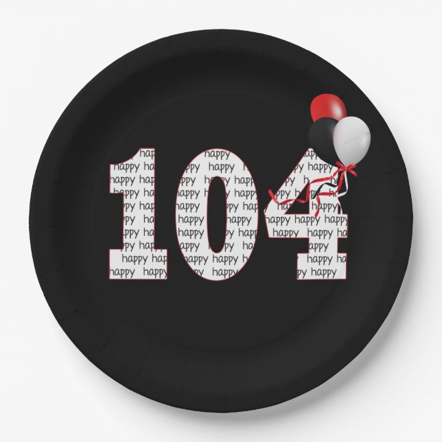 Happy 104th Birthday On Black Paper Plate (Front)