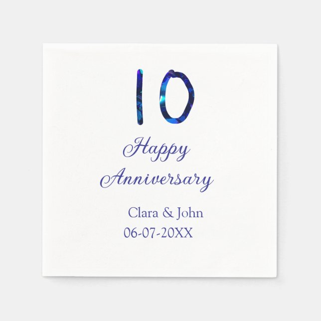 Happy 10th anniversary blue glitter add name date  napkins (Front)