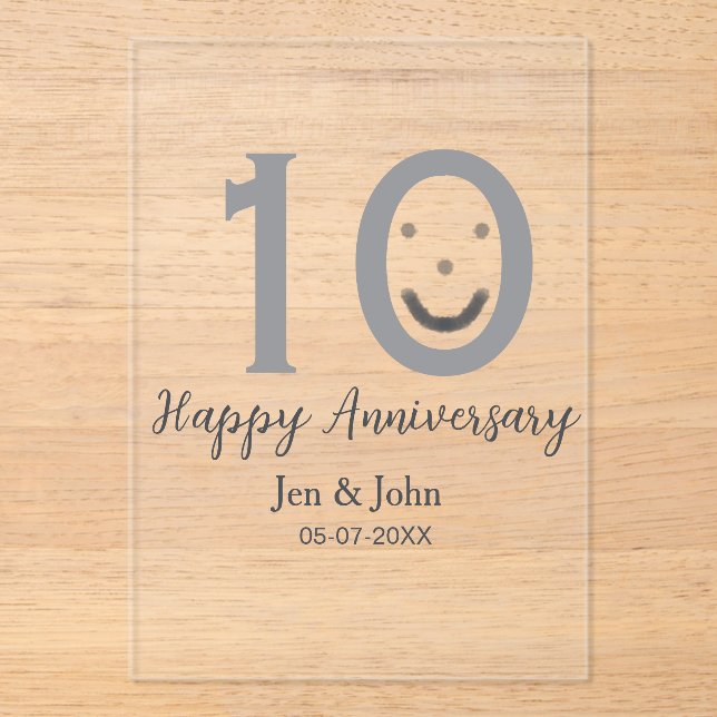 Happy 10th anniversary name date gray bold emoji acrylic invitations (Front)