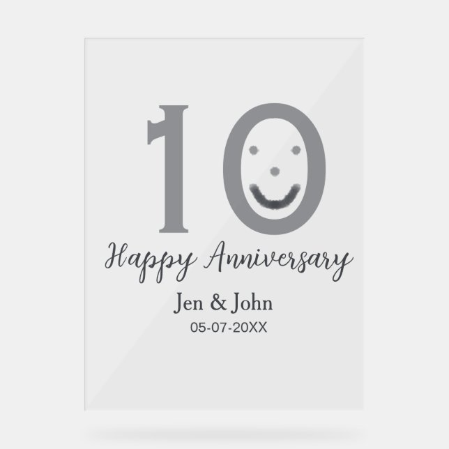 Happy 10th anniversary name date gray bold emoji acrylic sign (Front)