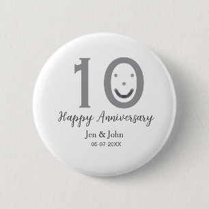 Happy 10th anniversary name date gray bold emoji button