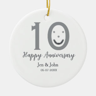 Happy 10th anniversary name date gray bold emoji ceramic ornament
