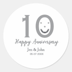Happy 10th anniversary name date gray bold emoji classic round sticker