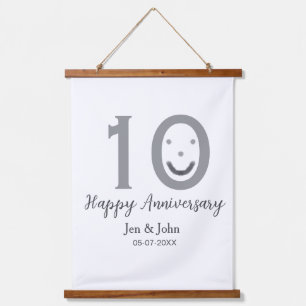 Happy 10th anniversary name date gray bold emoji hanging tapestry