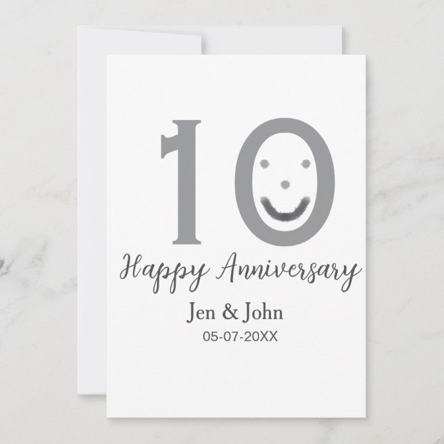 Happy 10th anniversary name date gray bold emoji invitation (Front)