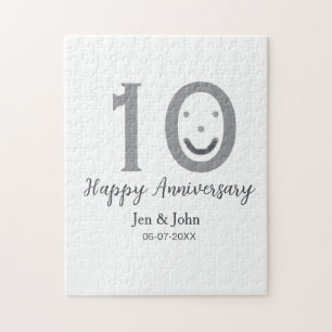 Happy 10th anniversary name date gray bold emoji jigsaw puzzle