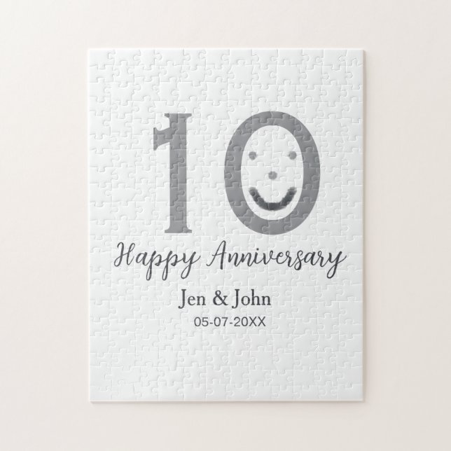 Happy 10th anniversary name date gray bold emoji jigsaw puzzle (Vertical)