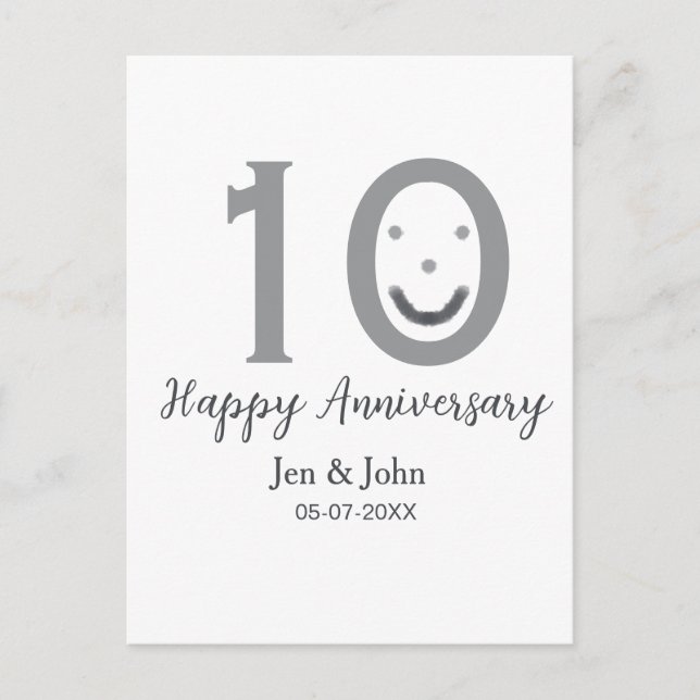 Happy 10th anniversary name date gray bold emoji postcard (Front)