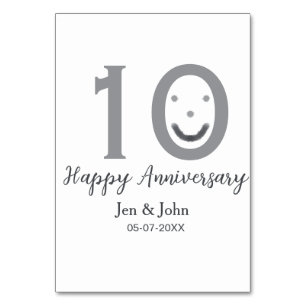 Happy 10th anniversary name date gray bold emoji table number