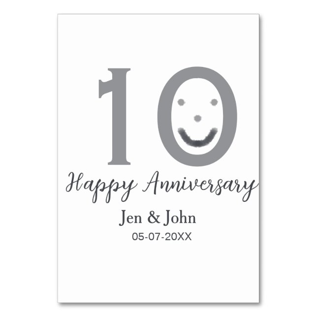 Happy 10th anniversary name date gray bold emoji table number (Front)