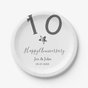 Happy 10th anniversary name date gray metal star b paper plates