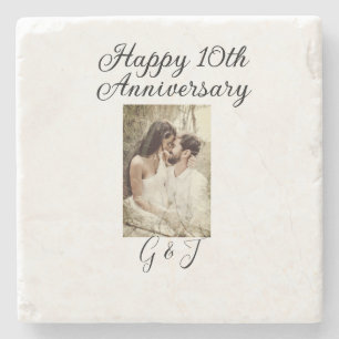 Happy 10th anniversary photo couple name letter stone coaster