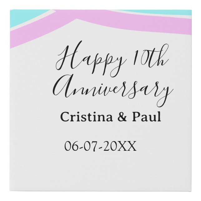 Happy 10th anniversary simple minimal wedding name faux canvas print (Front)