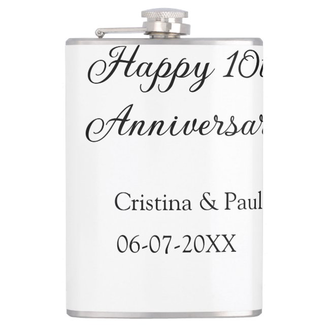 Happy 10th anniversary simple minimal wedding name flask (Front)