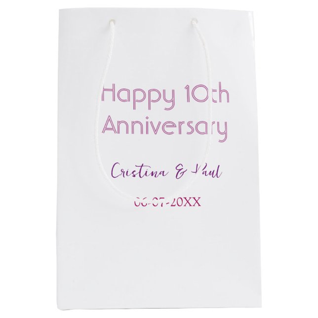 Happy 10th anniversary simple minimal wedding name medium gift bag (Front)
