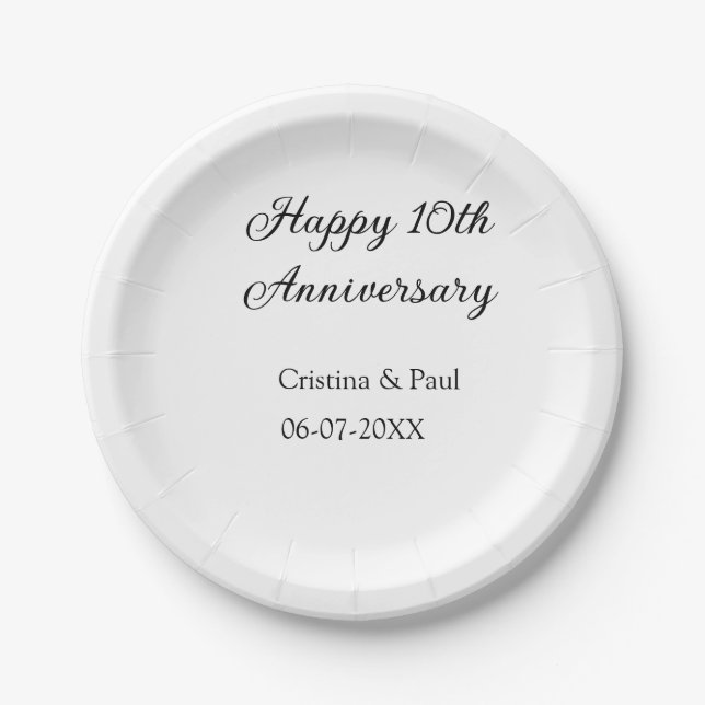 Happy 10th anniversary simple minimal wedding name paper plates (Front)