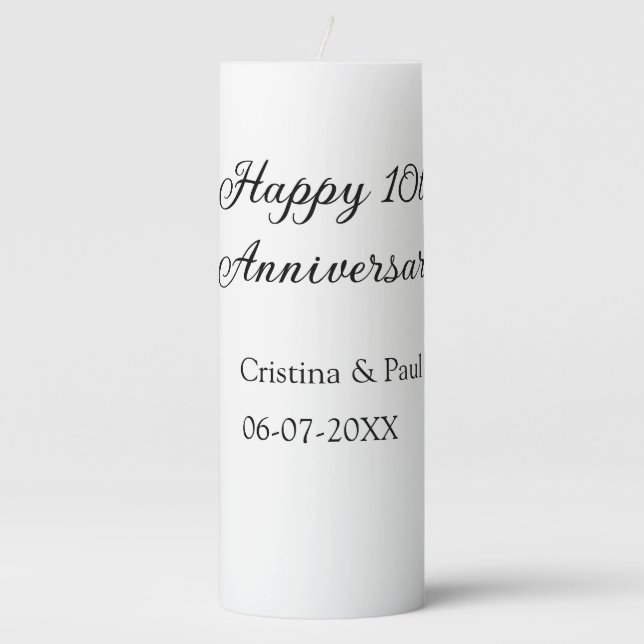 Happy 10th anniversary simple minimal wedding name pillar candle (Front)