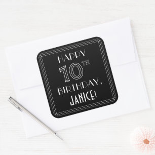 HAPPY 10TH BIRTHDAY; Art Deco Style; Custom Name Square Sticker