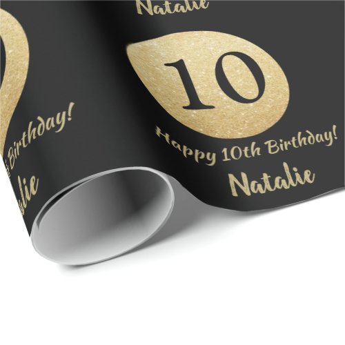 Happy 10th Birthday Black and Gold Glitter Wrapping Paper