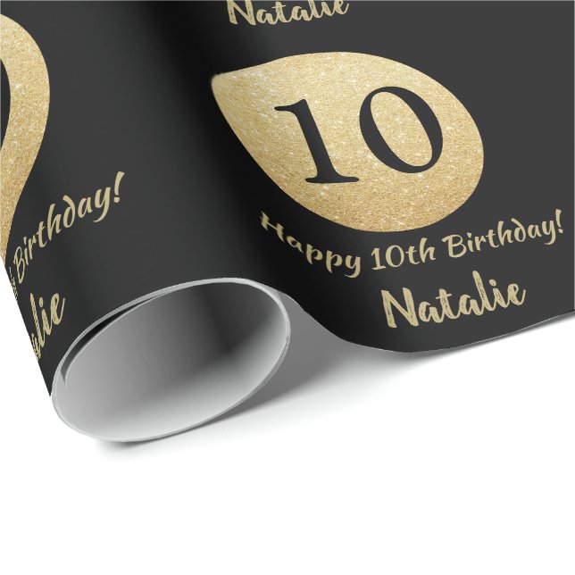Happy 10th Birthday Black and Gold Glitter Wrapping Paper (Roll Corner)