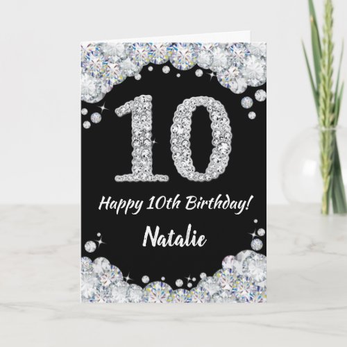 Happy 10th Birthday Black and Silver Glitter Card