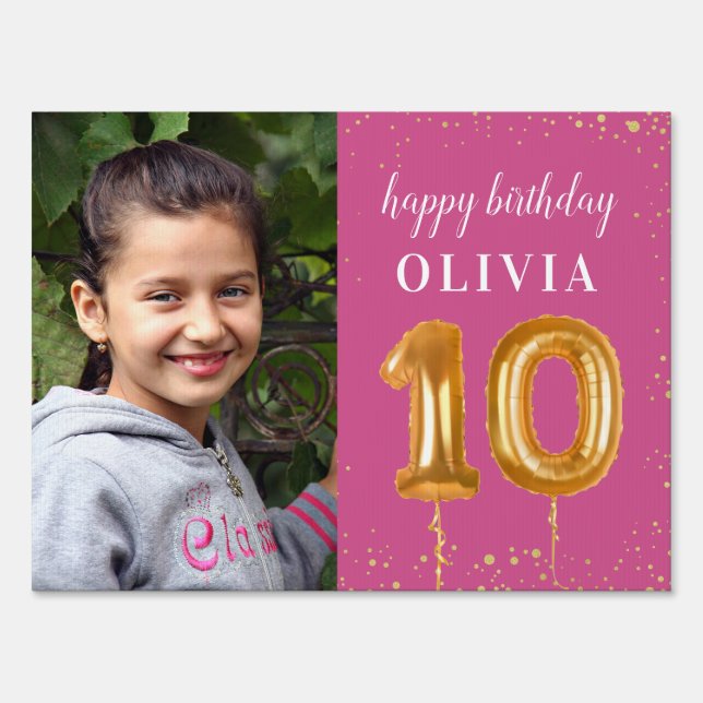 Happy 10th Birthday Gold Confetti Outdoor Yard Sign (Front)