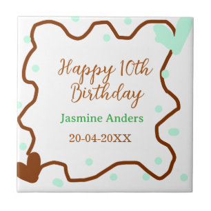 Happy 10th birthday green pastel brown border span ceramic tile