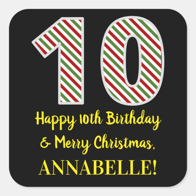 Happy 10th Birthday & Merry Christmas, Custom Name Square Sticker (Front)