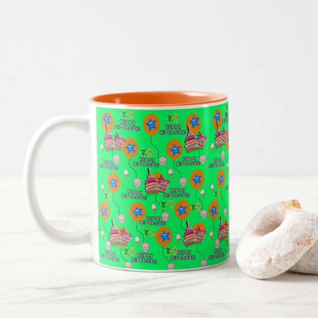 Happy 10th Birthday Mug  Balloons #10 Green (With Donut)
