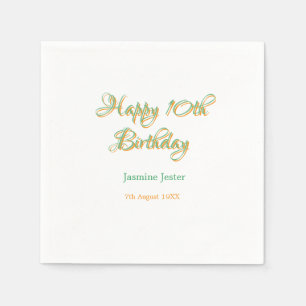 happy 10th birthday orange green name date simple napkins