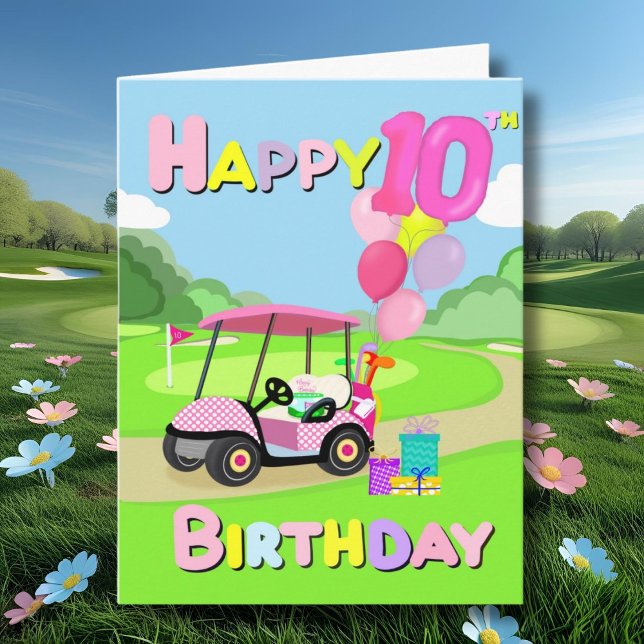 Happy 10th Birthday Polka Dot Pink Girly Golf Card (Creator Uploaded)