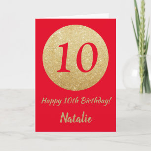Happy 10th Birthday Red and Gold Glitter Card