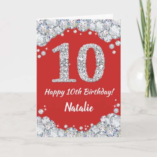 Happy 10th Birthday Red and Silver Glitter Card