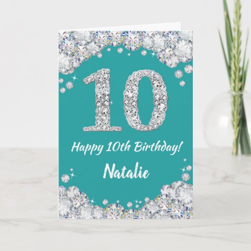 Happy 10th Birthday Teal and Silver Glitter Card