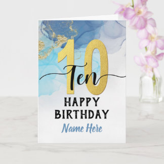 Happy 10th Birthday Watercolor Blue & gold Boy Card