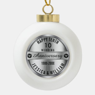 Happy 10th Wedding Anniversary Silver & Diamonds Ceramic Ball Christmas Ornament