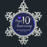 Happy 10th Wedding Anniversary Snowflake Pewter Christmas Ornament<br><div class="desc">Lovely blue Happy 10th Anniversary ornament. Faux foil on 10th and as a border frame. Blue oil background created by Valarie Wade. Tiny blue heart gem in the upper corner. Names and dates are adjustable.</div>