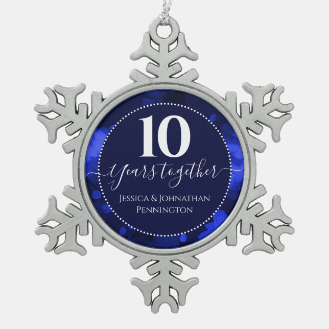 Happy 10th Wedding Anniversary Snowflake Pewter Christmas Ornament (Front)